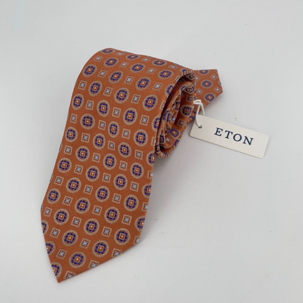 Eton Tie Mens One Size Brown Blue Patterned Silk Luxury Necktie England Made NWT